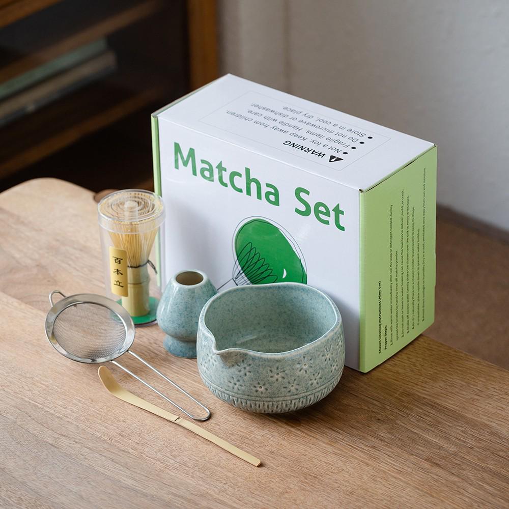 

Ceramic Japanese Matcha Tea Ceremony Set: Tea Bowl, Hundred-Pronged Chasen Whisk, Holder, Brush, and Tools. 5-piece set