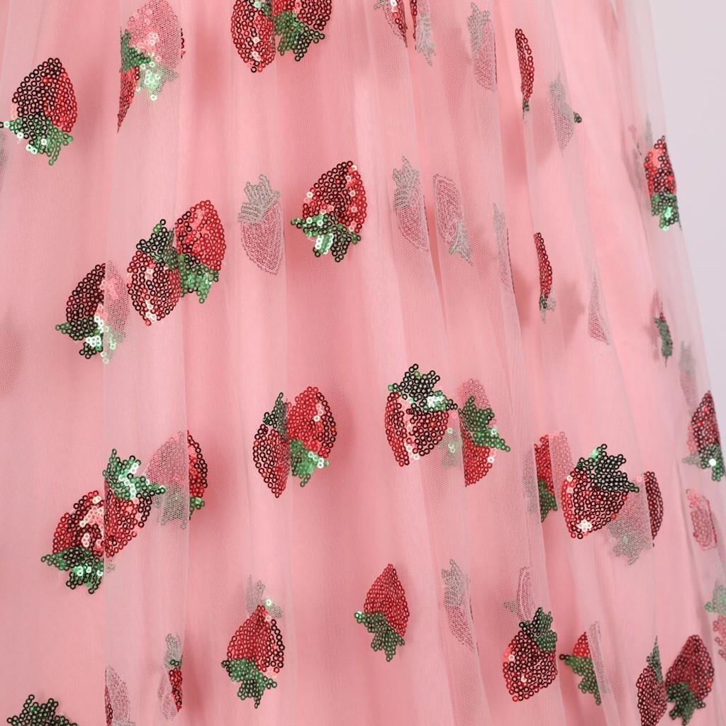 Fashion Women Casual Sexy Strawberry Sweet Mesh Yarn V-Neck Pleated Long Skirt