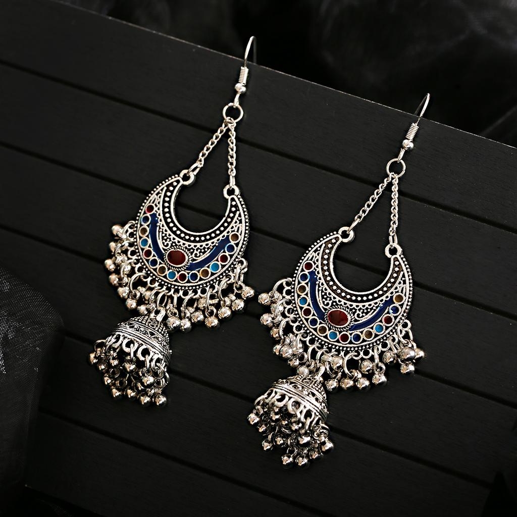 Ethnic Copper Color Indian Jhumka Gypsy Zircon Boho Geometric Lantern Tassel Oxidized Earrings Women's Afghan Hanging Earrings