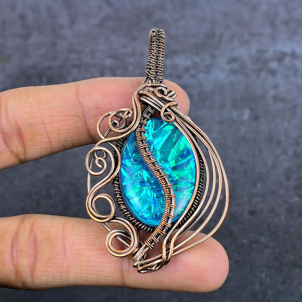 Natural Blue Triplet Opal Gemstone Copper Eire Wrap Jewelry Pendant 2.84" K9J46