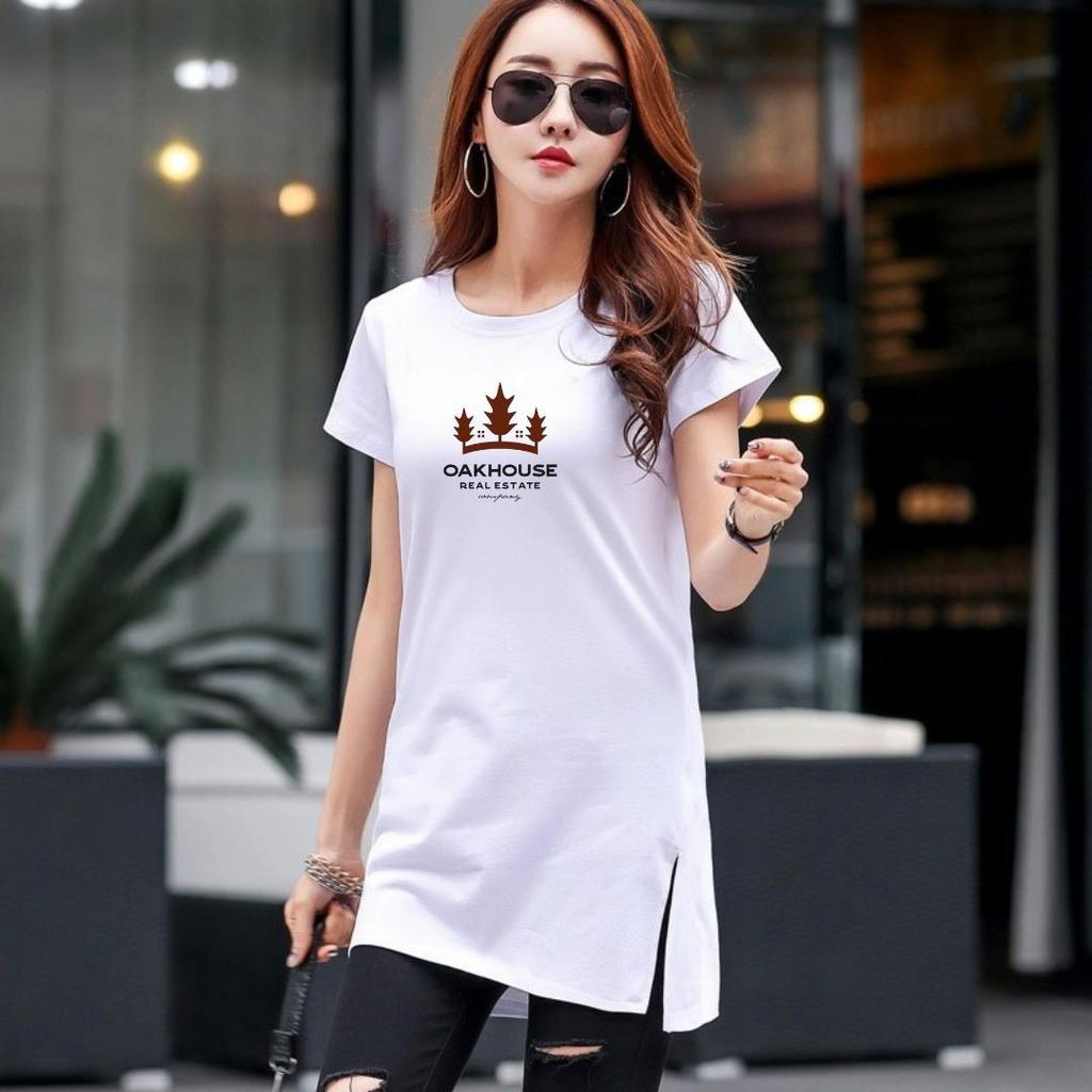 Nowa Bawełniana Koszulka, Krótki Rękaw, Średniej Długości, Z Nadrukiem, Biała Letnia Koszulka, Zakrywająca Brzuch i Biodra