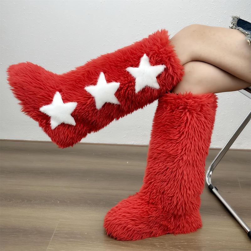 Přeshraniční nové vysoké chlupaté kozačky dámské zimní vysoké sněhule kozačky Spice girl sametové Y2K chlupaté kozačky