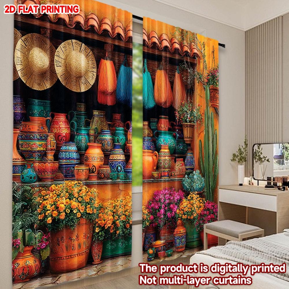 Set Of 2 Bohemian Pottery Cactus Desert Curtains Vibrant Hats Vases Blooming Flowers Living Room Bedroom Decor Curtain Polyester Ideal For Great