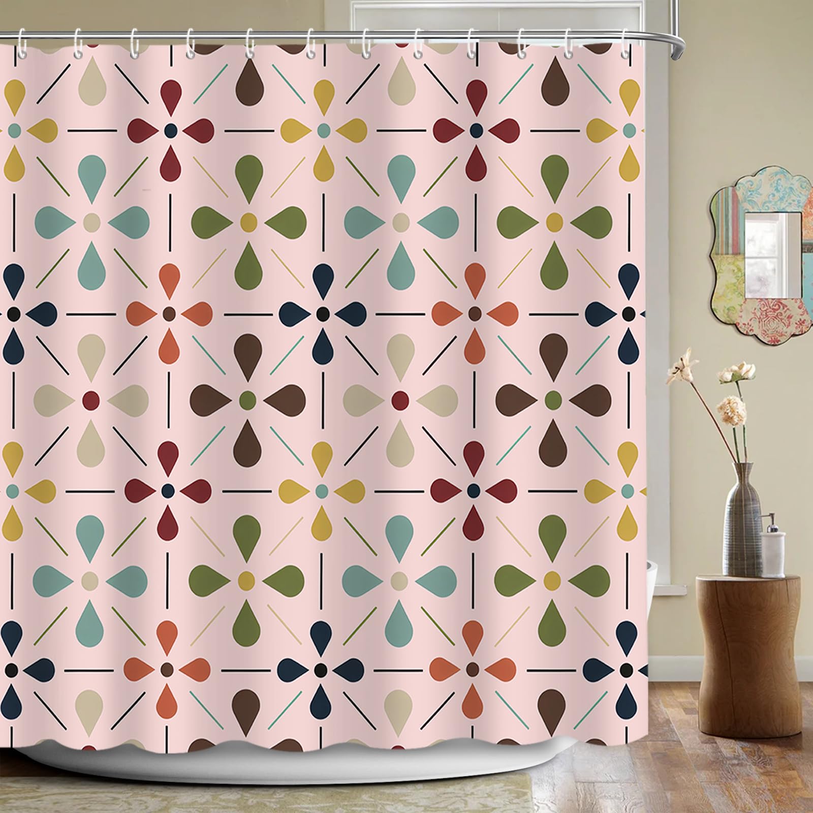 

Mid Century Modern Shower Curtain, Geometric Abstract Bathroom Decor Set With Hooks, Waterproof Washable Retro Fabric Decor W60H190(CM)-1 Pcs