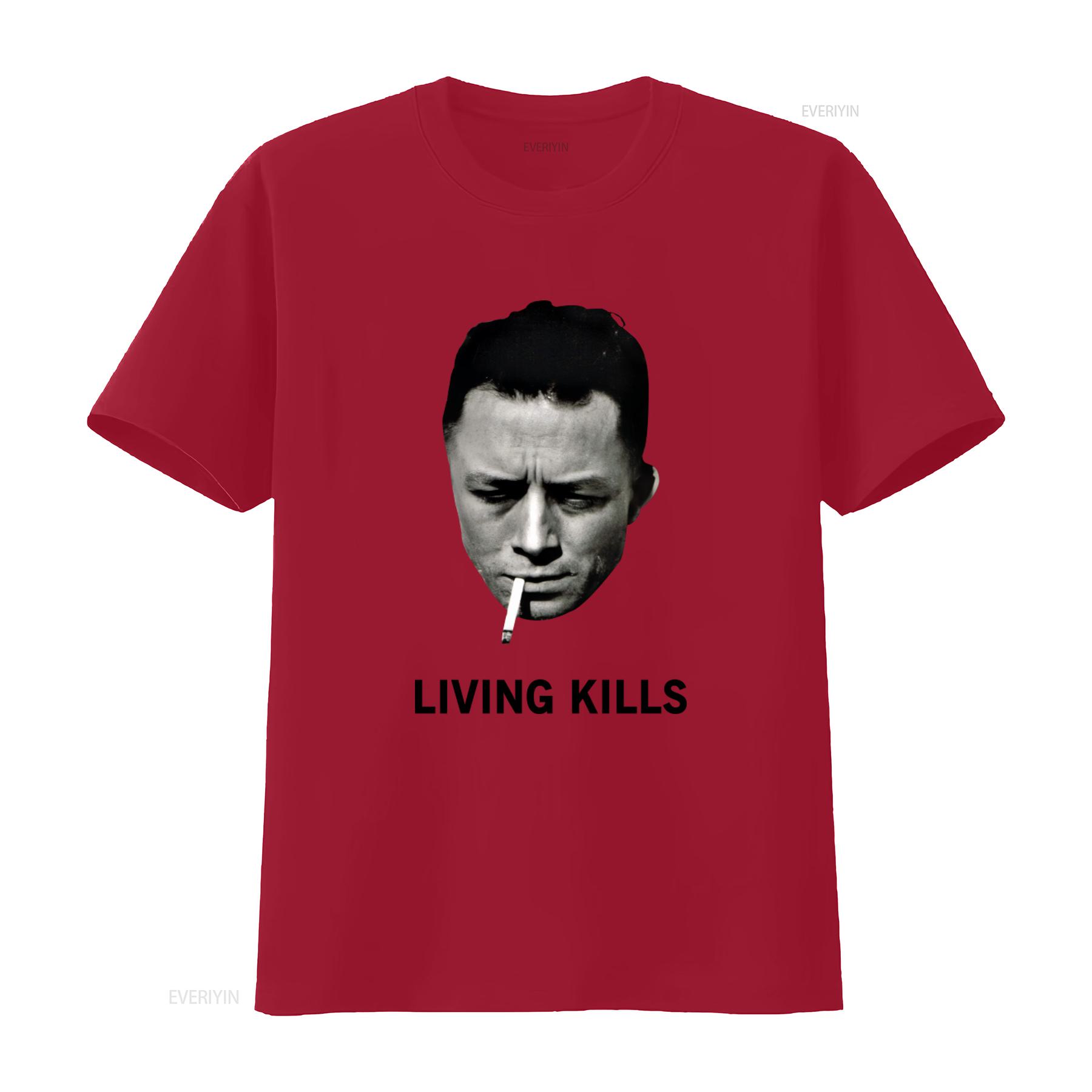 Albert Camus Living Kills T Shirt Classic Fit Cotton with Cool Print of Smoking and Living Kills Quote vintage Washed S