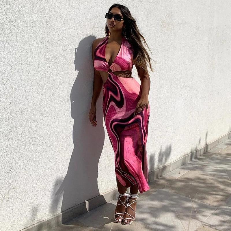 Tie Dye Summer Dress Waist Cut Out 