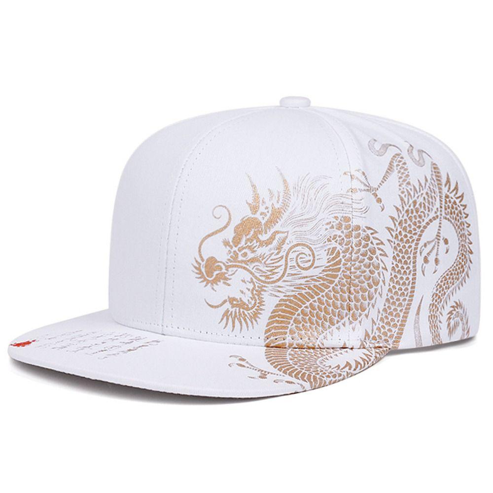 Adjustable Flat Brim Snapback Hat Chinese Golden Loong Print Streetwear Snapback  Streetwear Style