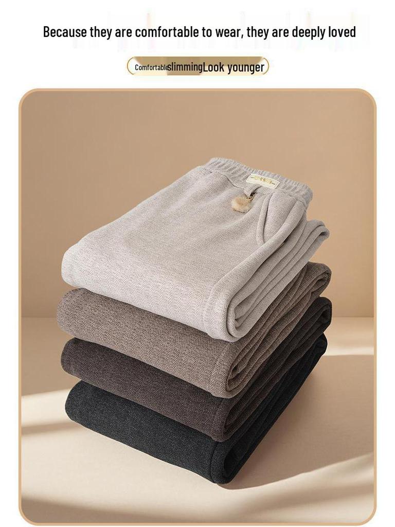 Middle-aged Women's High Waist Velvet-Lined Straight-Leg Warm Wool Pants