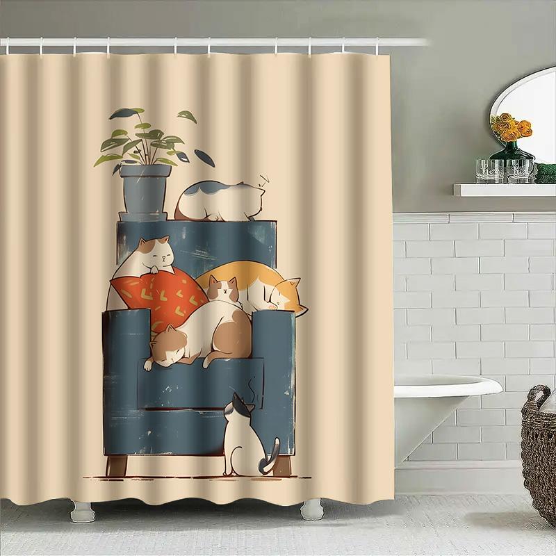 Cute Cat Shower Curtain For Bathroom Decor - Creative Illustration Of Lazy Cats On Sofa Waterproof Polyester Rustproof Hooks