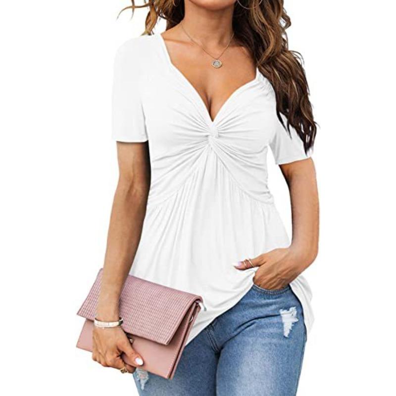 New Women's, Neck Kink Shirt Short Sleeve Elegant Casual Shirt Solid Color Pullover