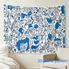 Boho Cartoon People Pattern Tapestry Wall Hanging Blue Illustration Planar Art Modern Pop Pop Culture Graphic Design Living Room