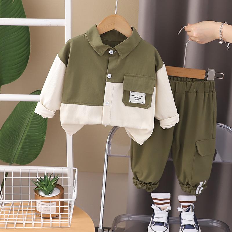 

Spring Autumn Children Clothing Two-piece Set Baby Boys Patchwork Lapel Shirt + Cargo Pants 2Pcs for 1-5 Years Kids Casual Tracksuit 120 зелений