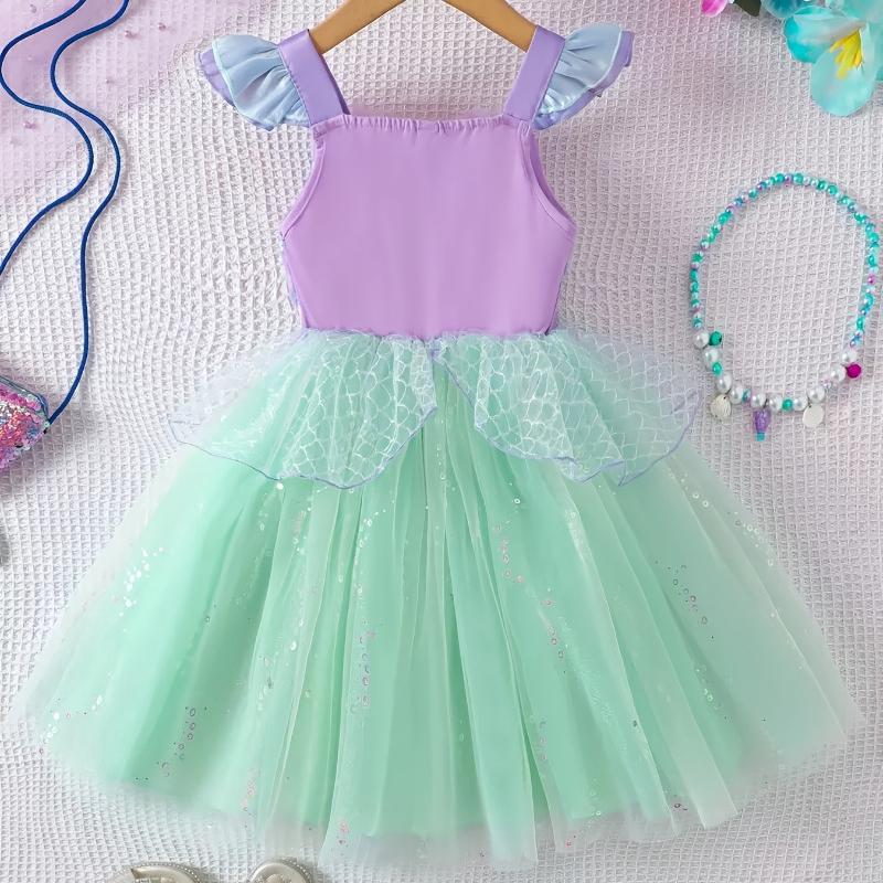 Girls Summer Sequin Mermaid Princess Dress Tulle Camisole Gown Butterfly Sleeve Party Birthday Cosplay Costume Children Kids Performance Outfit