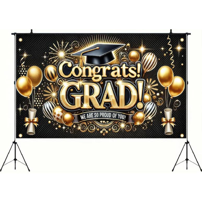 Graduation Banner Congratulations Class of 2025 Gold and Black Graduation Backdrop Supplies 71*43 Inches