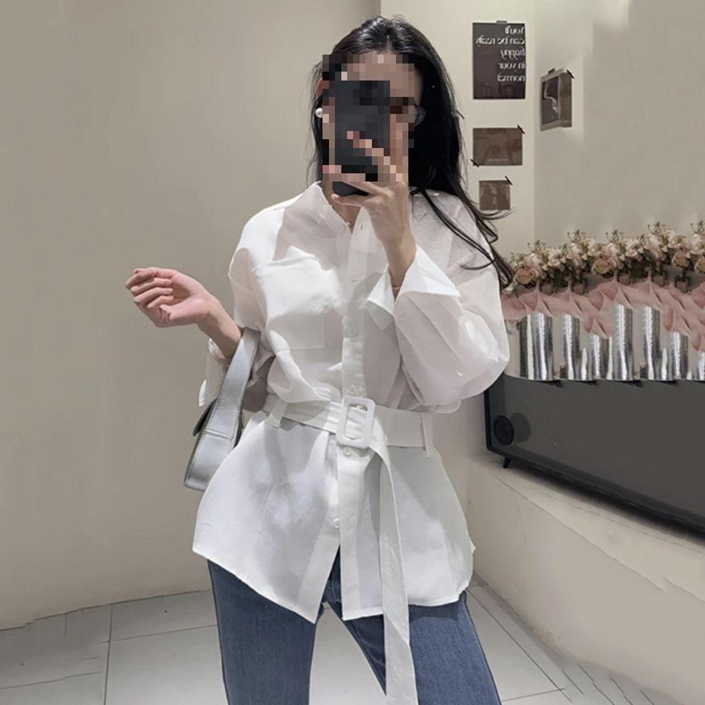 Korean Design Waist-Cinched Slimming Shirt with Belt - Spring/Summer 2025 Women's Casual Top