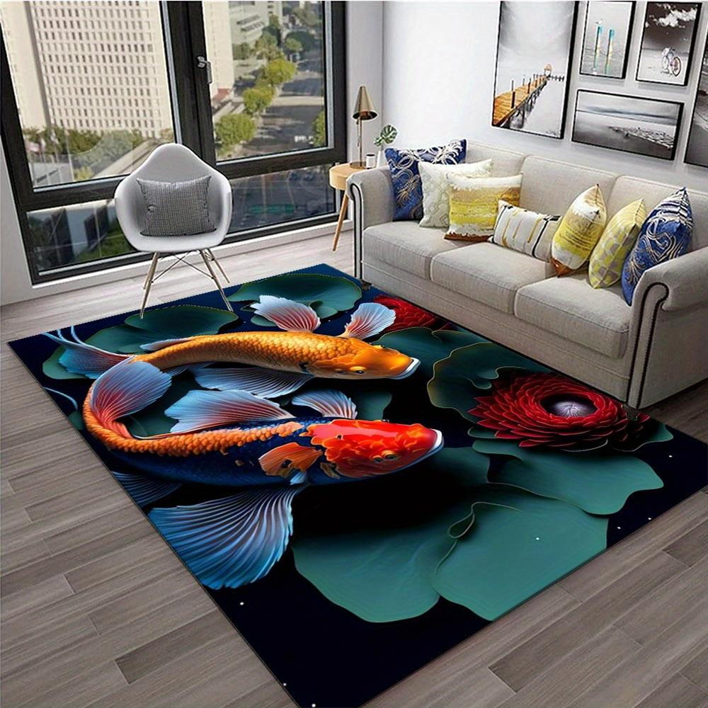 Soft Polyester Area Rug with Double Fish Pattern, Non-Slip Floor Mat for Living Room, Bedroom, Home Decor Crystal