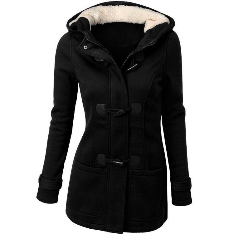 Manteau d'hiver chaud à capuche en polaire Automne Femme Élégant Long Mince Vestes Manteau Vêtements d'extérieur Boutons en corne Poches Mode Décontracté