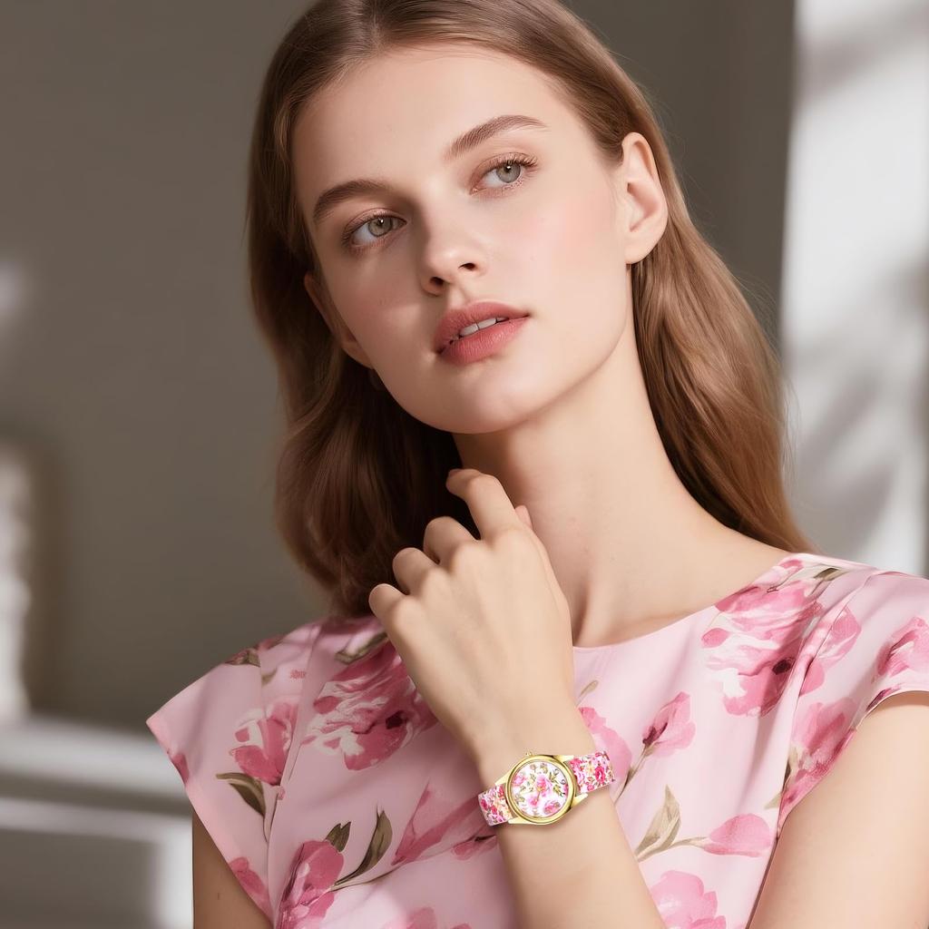 Bohemian Floral Watch with PU Leather Floral and Petal Analog Quartz Watch with Adjustable Arabic and Stylish Perfect Gift for and Christmas Women's