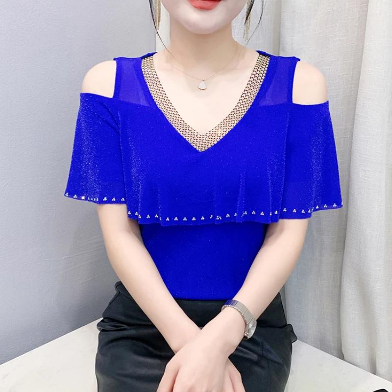 New Korean Summer Women's T-Shirt Hot Diamonds V-Neck Bling Tees Fashion Short-Sleeve Sexy Off The Shoulder Tops