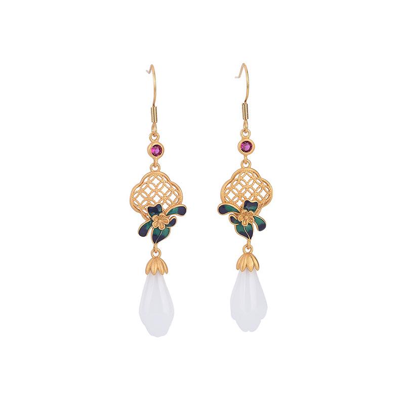 Elegant Chinese Style Gold-Inlaid Jade Magnolia Enamel Earrings