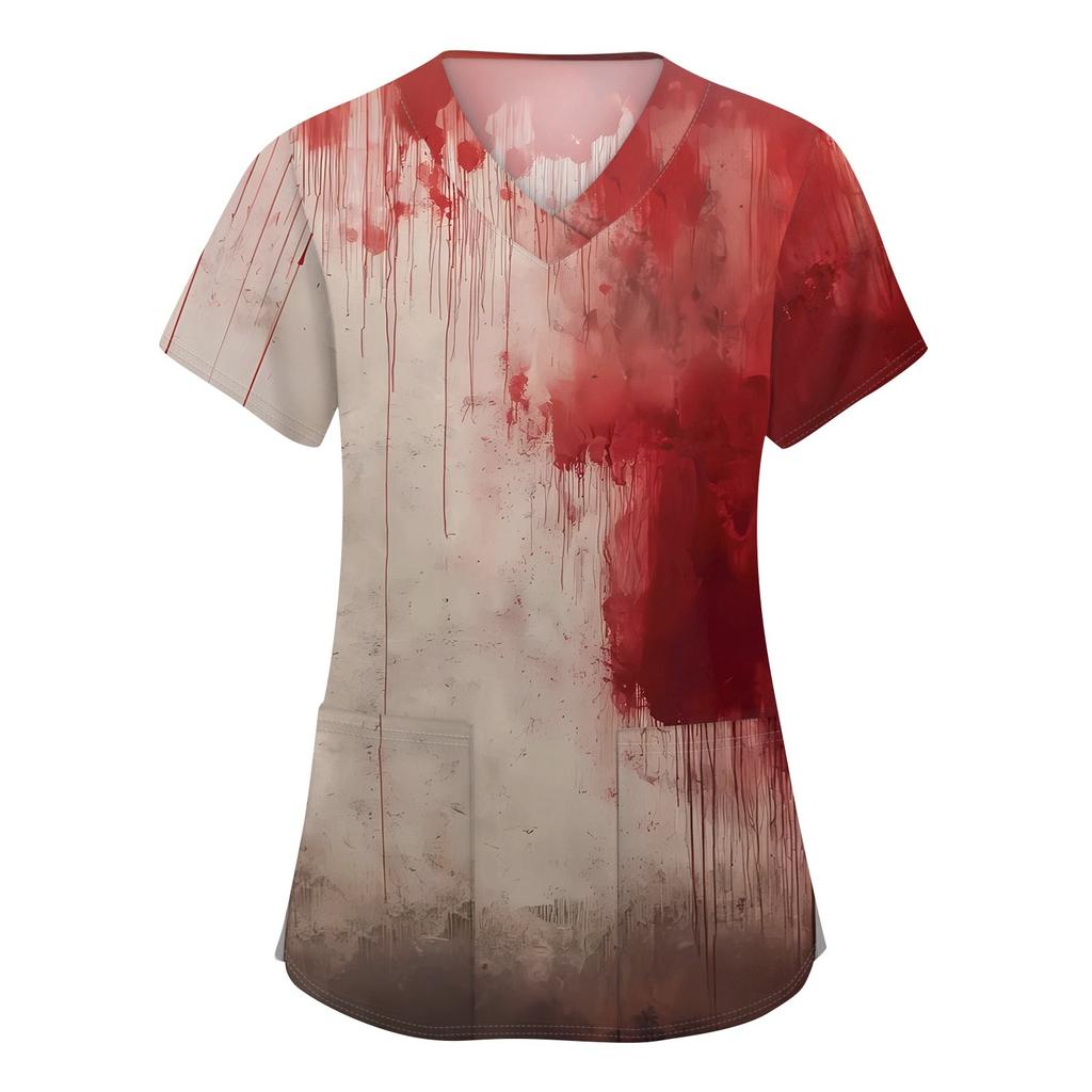 Γυναικεία Μόδα V-λαιμόκοψη Κοντομάνικη Επαγγελματική Ενδυμασία Με Τσέπες Τοπ με Αποκριάτικη Εκτύπωση