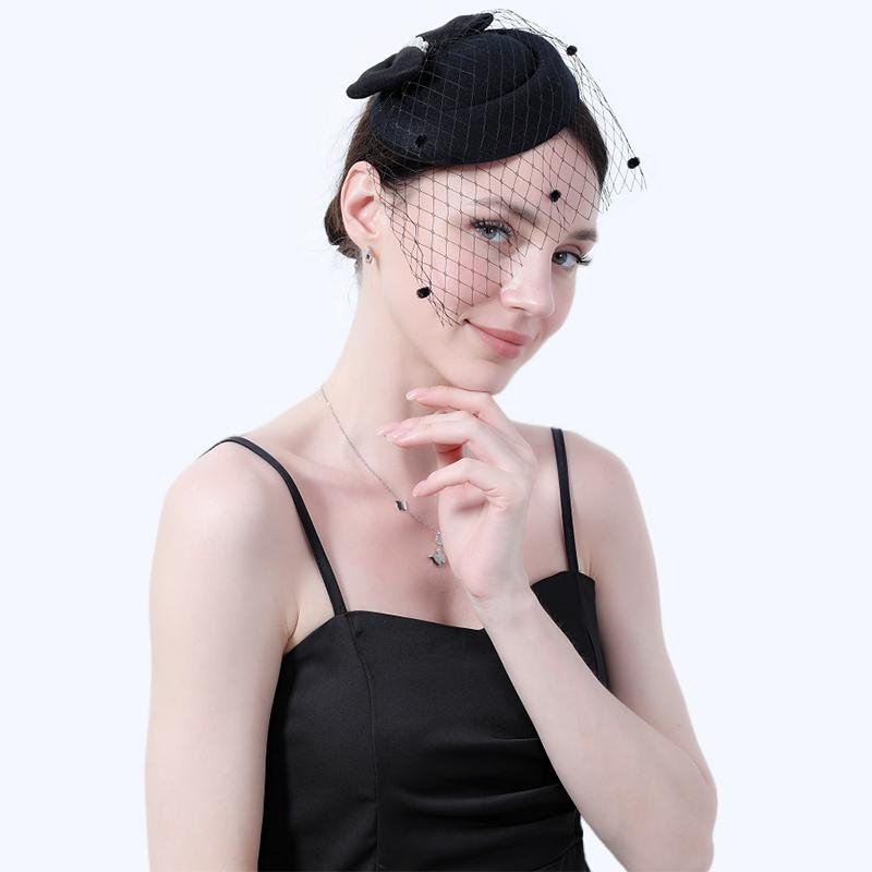 Black Mesh Headdress Stewardess Hat French Temperament Pearl Bow Hair Clip For Women