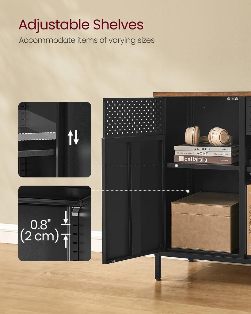 SONGMICS Armadietto, Armadio Metallico, Credenza con 2 Ante, Chiusura Magnetica, Ripiani Regolabili, Struttura in Acciaio, Marrone Rustico e Nero Opaco U