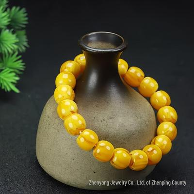 Vintage Baltic Amber & Natural Beeswax Bead Bracelet with Orange Peel Old Flower Wax, Frosted Spacer Beads, Single Strand.