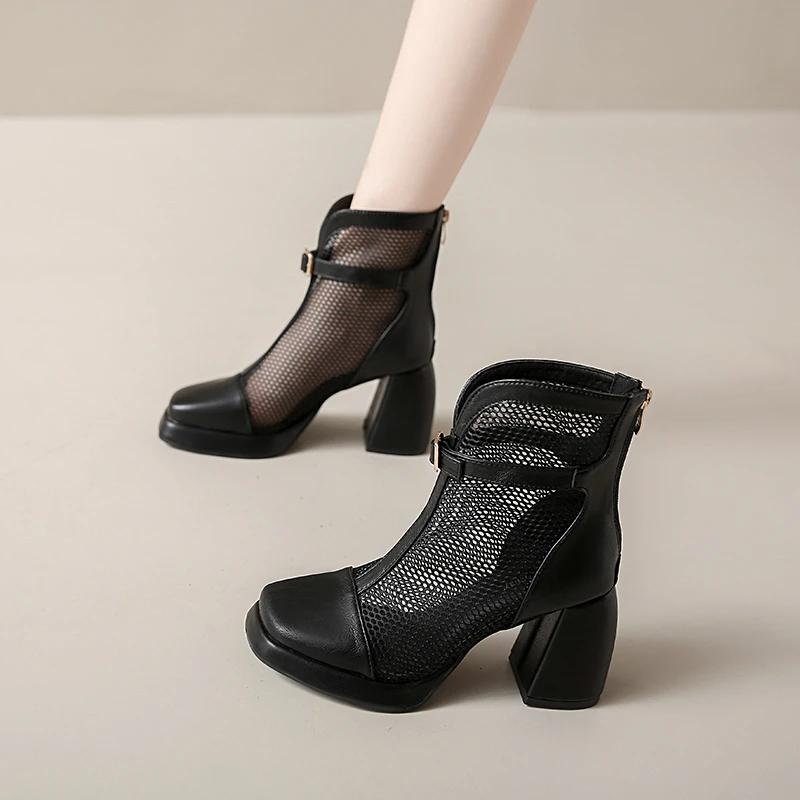 2025 Mesh Women's Boots Breathable Square Toe Back Zip Chunky Heels Ankle Sandals Boots Elegant Buckle Modern Boots