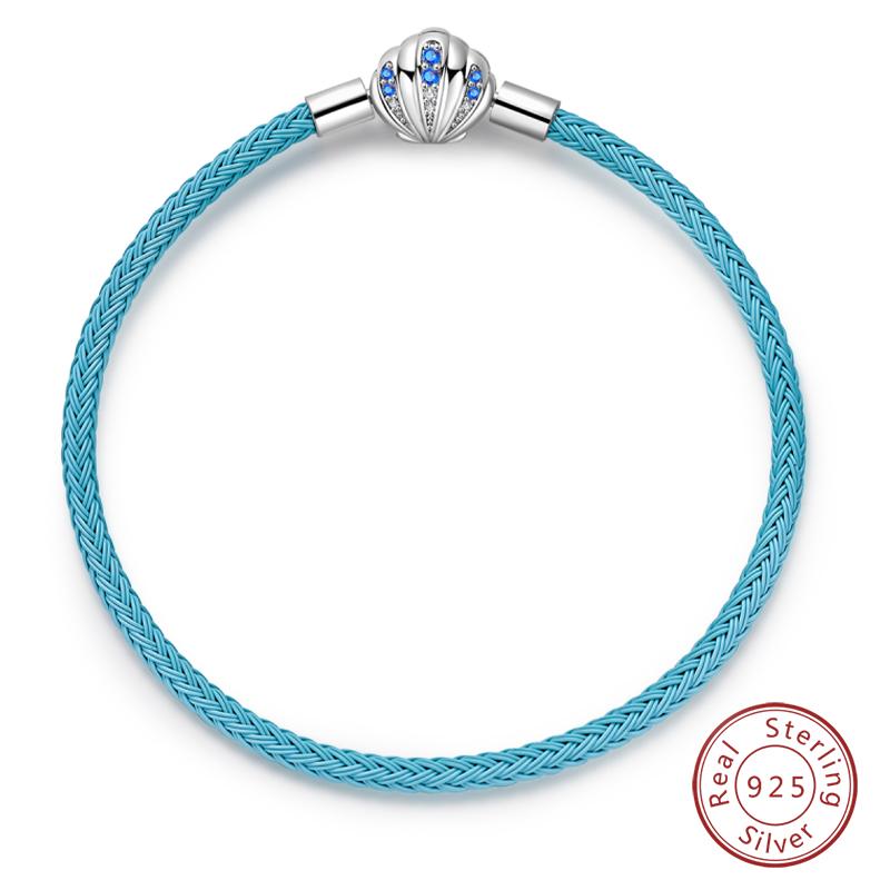 Bracelet 925 Silver Charm Bracelet 17-20CM Shell Blue Leather Rope Bracelet For Women DIY Charm Jewelry Gifts