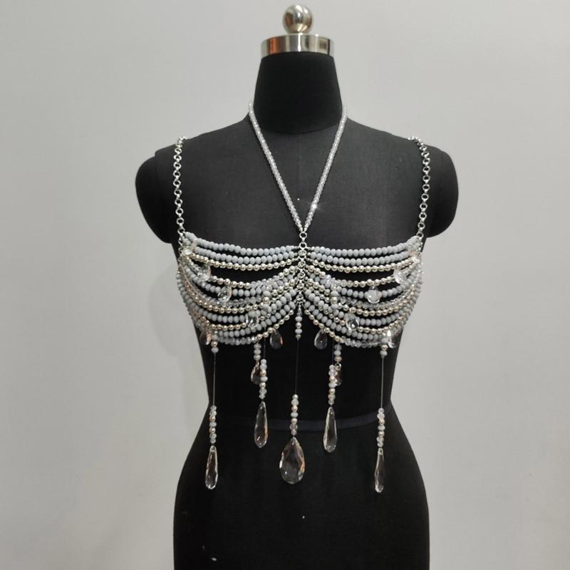 Women's Glass Crystal Beads Body Jewelry Multi Layered Chest Chain Bralette For Music Festival And Photoshoot Costumes