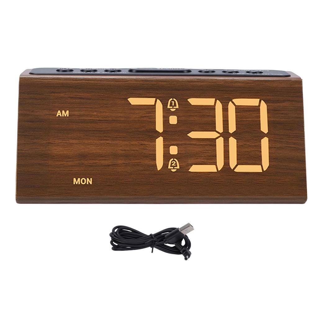 Digital Alarm Clock Wooden LED Dimmable USB Plug in Electric Desk Clock Loud Alarm with Adjustable Volume Snooze for