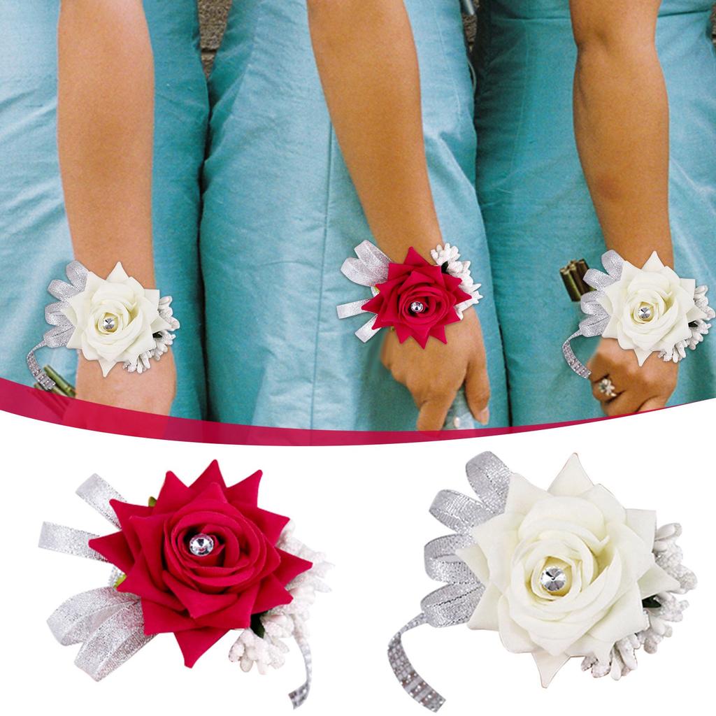 Yumikoo Bracciale A Polso Con Fiore Di Rosa Bianca E Perle – Elastico, Fatto A Mano, Ideale Per Ballo Di Fine Anno, Matrimonio, Damigella - 2