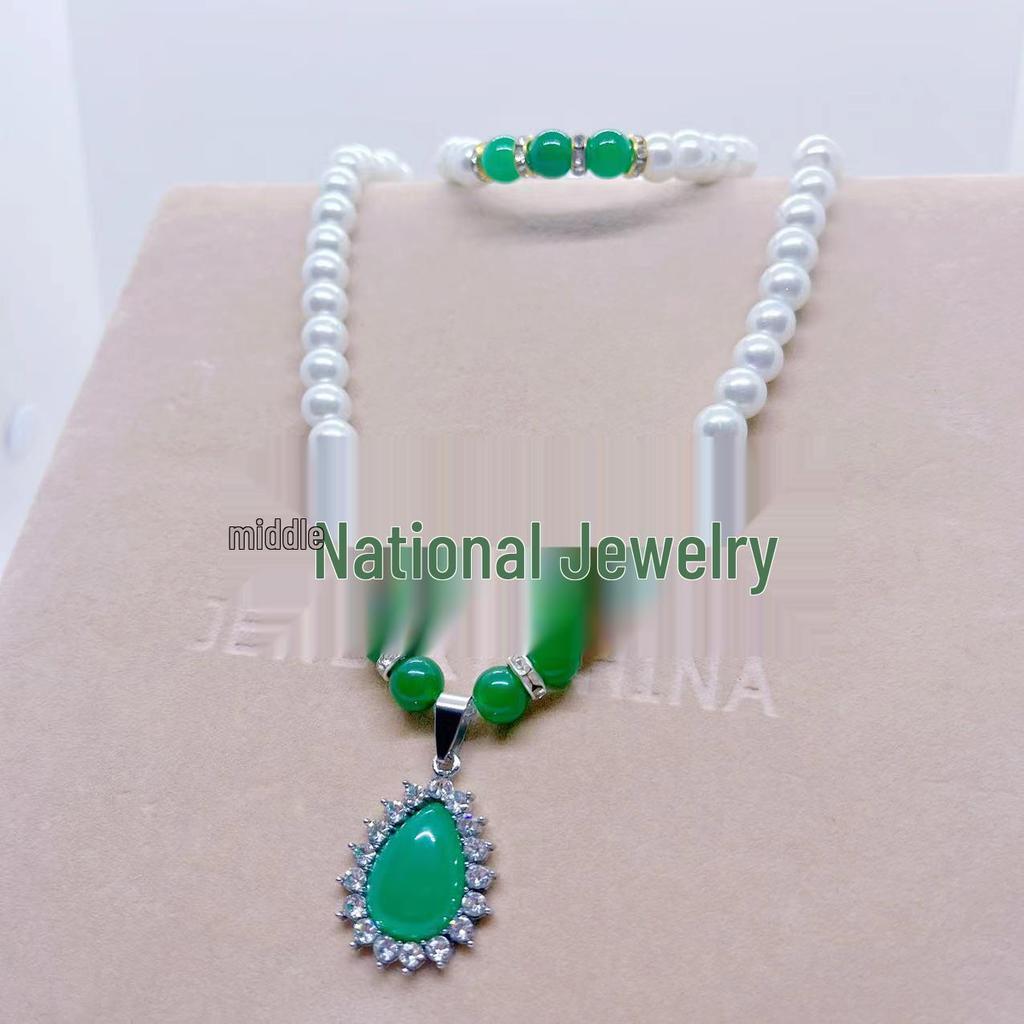 Mother's Chain Imitation Pearl & Rhinestone Necklace Set with Green Chalcedony - Perfect Mother's Day Gift