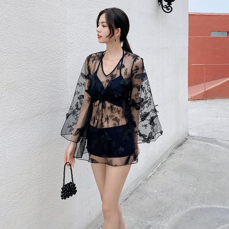 1011 New Korean Split Outerwear Lace Long Sleeve Sunscreen Sexy Slim Skinny Hot Spring Resort Swimsuit Women