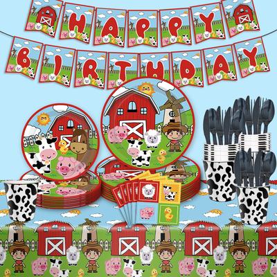 Cartoon Bauernhof Ranch Kühe Tiere Kindergeburtstag Party Besteck Pappteller Pappbecher Servietten Tischdecken Partyzubehör