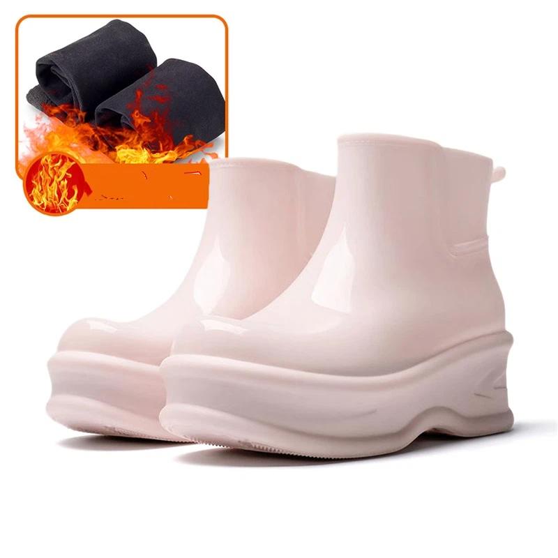 Women Glossy  Ankle Rain Boots Wedge Platform Thick Sole Waterproof Rubber Short Chelsea Style Rain Shoes