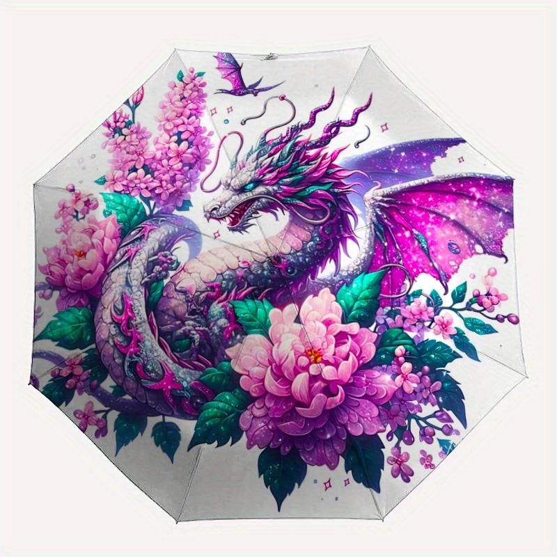 1pc Fantasy Dragon Floral Umbrella: Automatic Opening/Closing, Portable 3-Fold Design, 8-Bone Iron Frame, Outdoor, Perfect Festival Gift for Fans