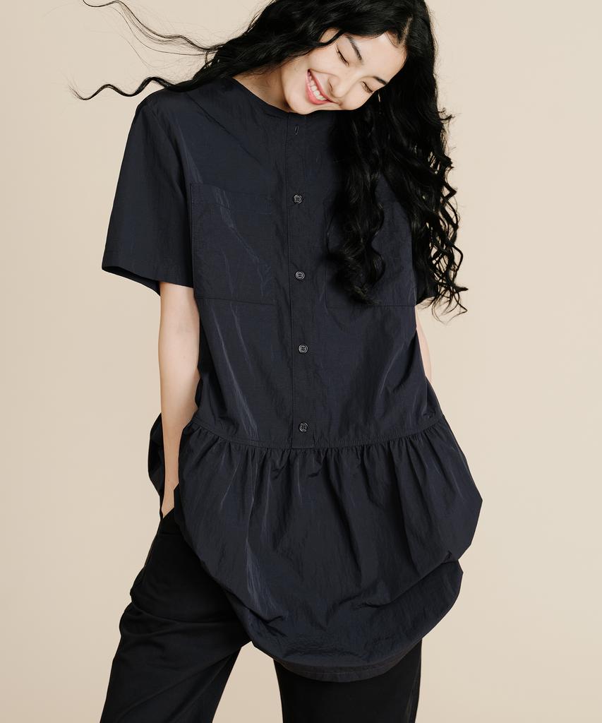 Plack Woman Shirred Short Sleeve Dress Navy