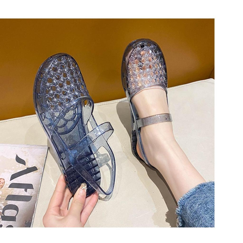 Gemstone Sparkling Jelly Mary Jane Shoes, Transparent Woven Hollow Flat Shoes, Waterproof and Non Slip, Cute Beach Pool Vacation Cooldown