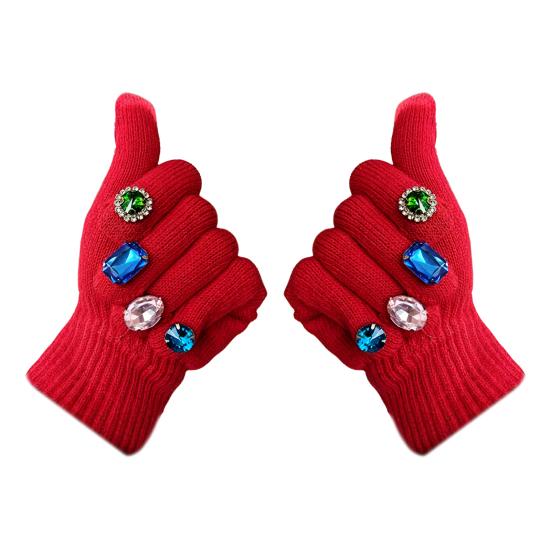 Faux Diamond Knitted Gloves Women Cotton Thickened Winter Gloves Windproof Riding Outdoor Mittens Fashion Accessories
