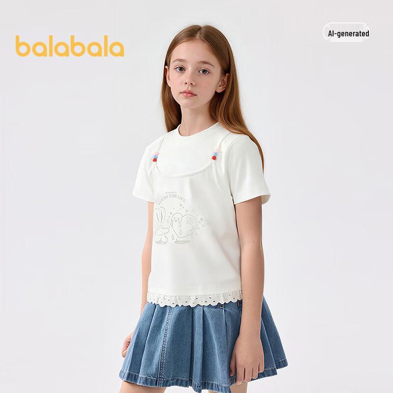 Balabala Girls' Faux Two-Piece Short Sleeve T-Shirt