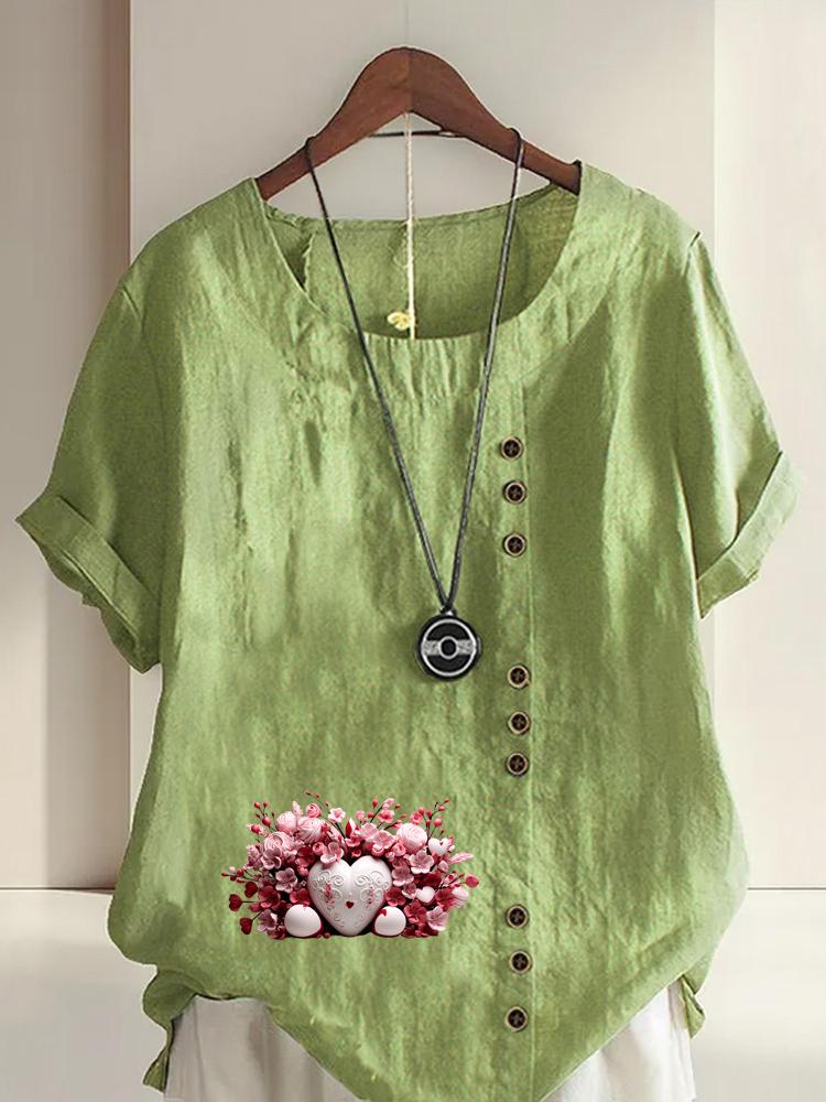 

Women s Fashion Vase Flowers Print Round Neck Short Sleeve T-shirt Summer Casual Cotton Linen Graphic Shirt Leisure Loose Blouse Tops 5XL зелений