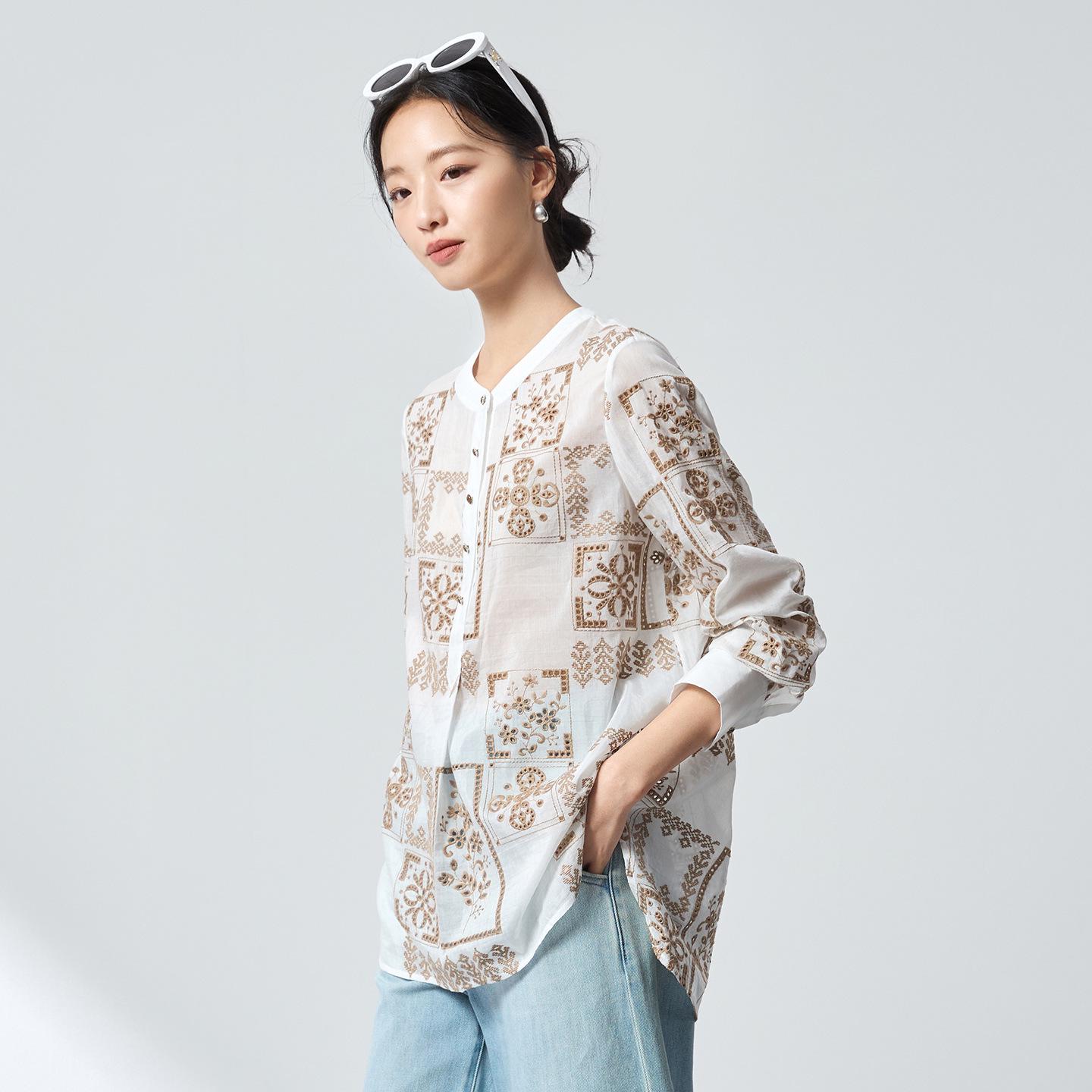 Ink Wash Silk Retro Print Shirt - Spring Slimming Henley Collar Cardigan Top Large хаки