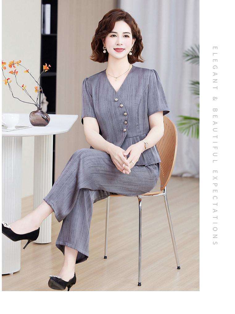 Women's Summer Slimming Two-Piece Set: Short Sleeve Blouse & Wide-Leg Pants