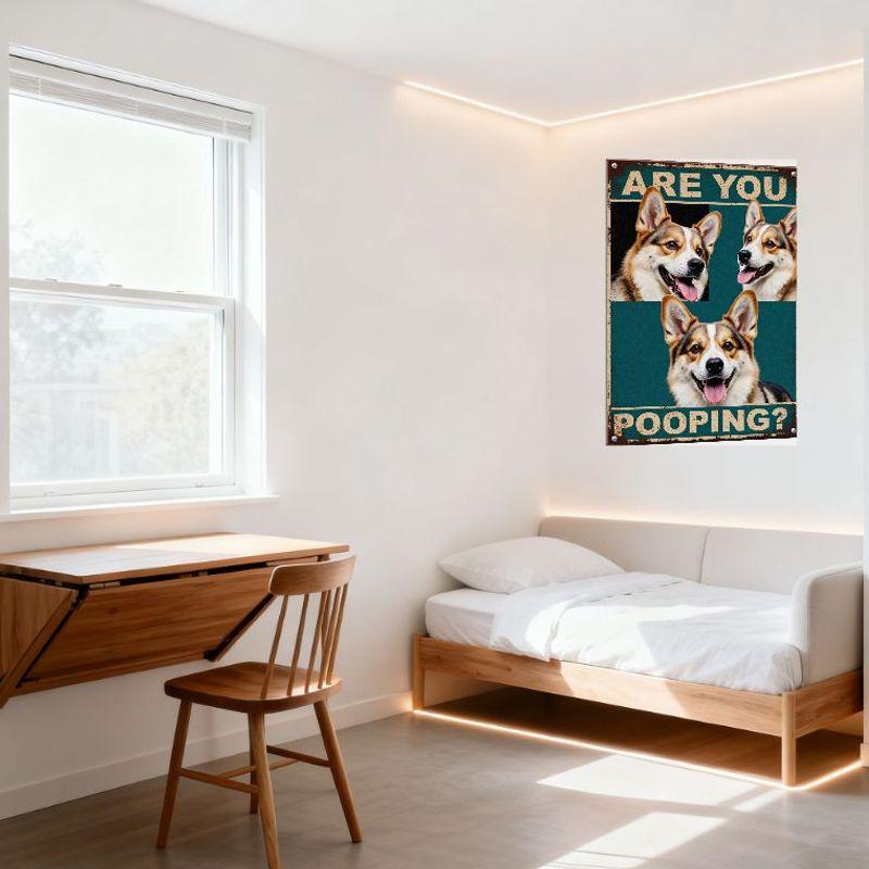 Vintage Rustic Teal Metal Sign with Happy Corgi Collage Photos - 'ARE YOU POOPING?' Distressed Text - Retro Home Decor for Man C