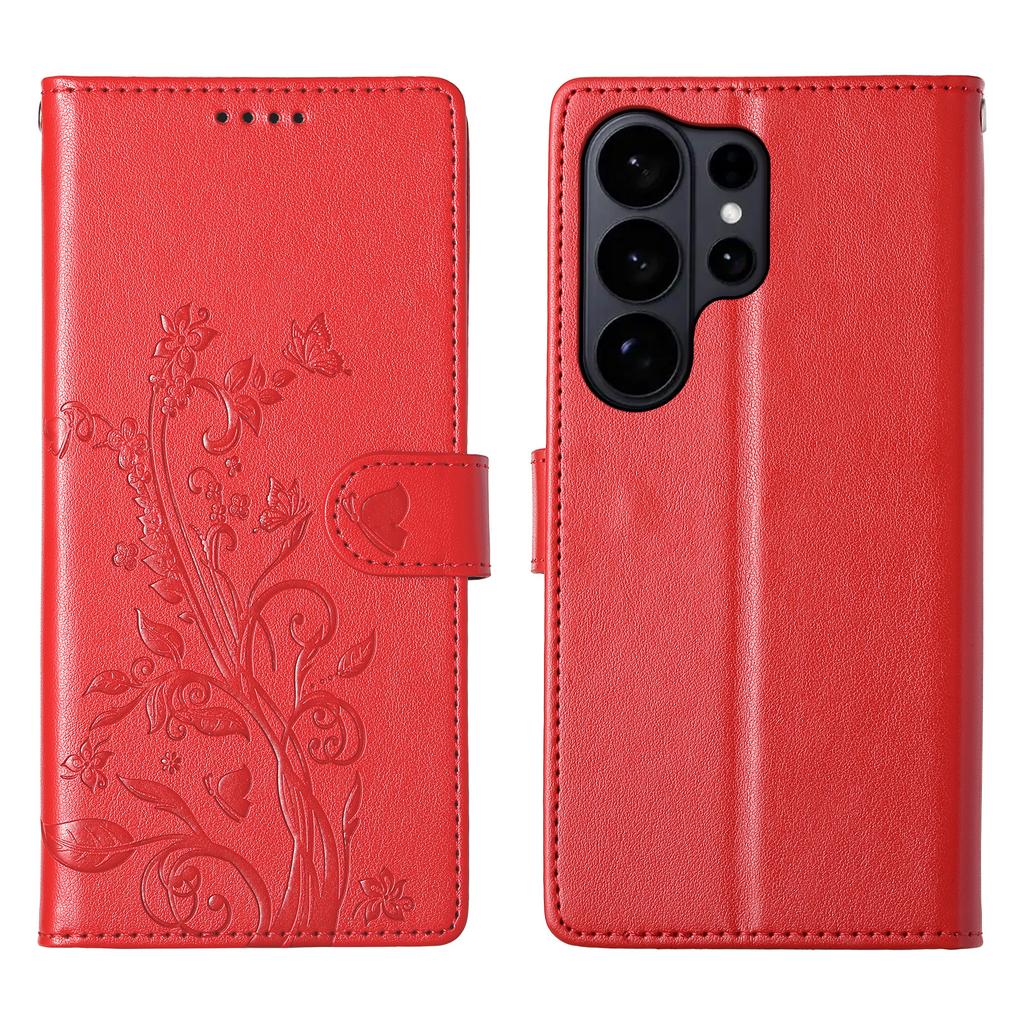For Samsung Galaxy S26 Ultra Wallet Case Butterfly Floral Imprint PU Leather Phone Cover with Wrist Strap