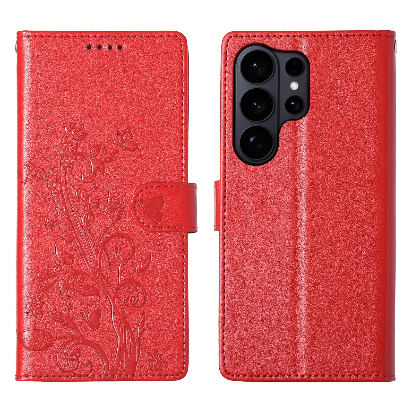 

For Samsung Galaxy S26 Ultra Wallet Case Butterfly Floral Imprint PU Leather Phone Cover with Wrist Strap