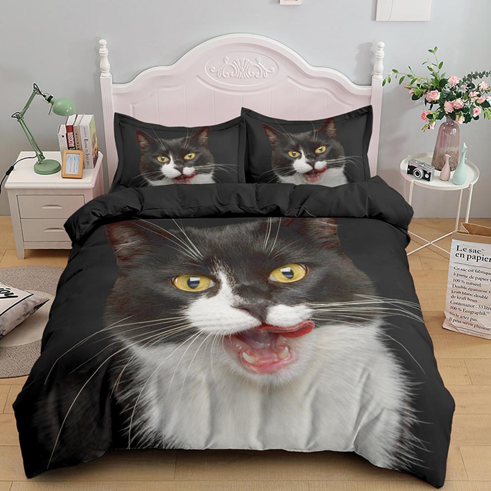 Funny Cute Cat King Queen Bedding Set Full Size For Adult Kids Bed Covers Animal Duvet Cover Sets With Pillowcase 2/3pcs