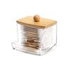 Modern Minimalist Clear Plastic and Bamboo Cotton Swab Holder with Dispenser